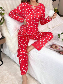 Hearts Satin Pajamas Set for Women's Long Sleeve 2 Pieces Classic Button Down Sleepwear