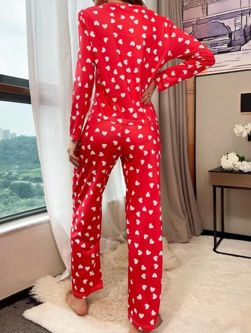 Hearts Satin Pajamas Set for Women's Long Sleeve 2 Pieces Classic Button Down Sleepwear