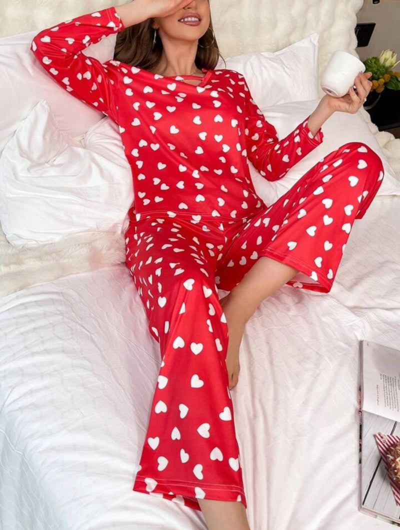 Hearts Satin Pajamas Set for Women's Long Sleeve 2 Pieces Classic Button Down Sleepwear