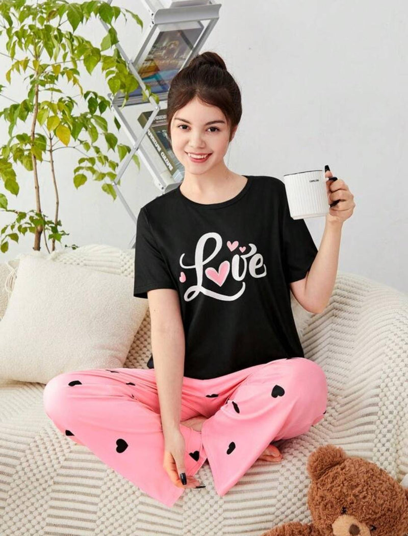 Teen Girls' Letter Print T-Shirt & Heart Patterned Long Pants Pajama Set