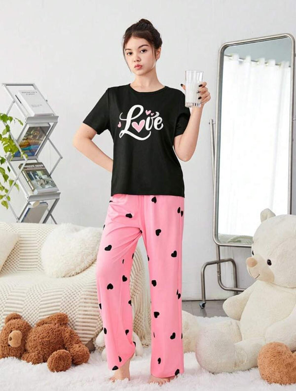 Teen Girls' Letter Print T-Shirt & Heart Patterned Long Pants Pajama Set