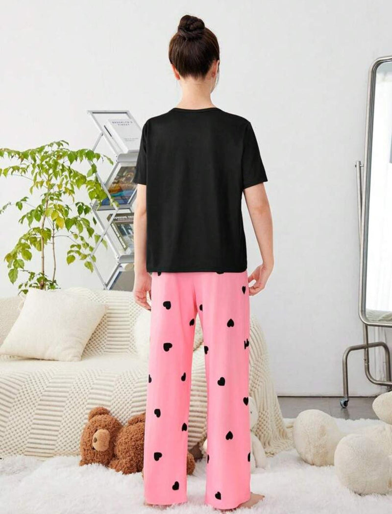 Teen Girls' Letter Print T-Shirt & Heart Patterned Long Pants Pajama Set