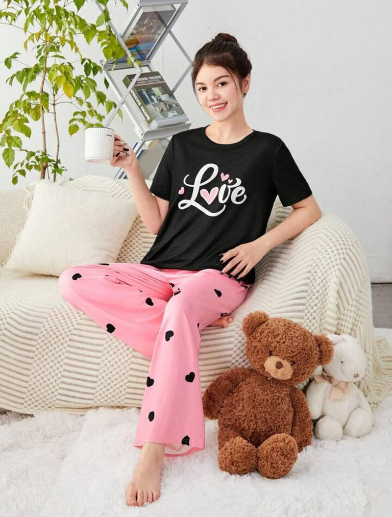 Teen Girls' Letter Print T-Shirt & Heart Patterned Long Pants Pajama Set