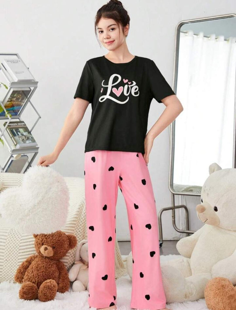 Teen Girls' Letter Print T-Shirt & Heart Patterned Long Pants Pajama Set