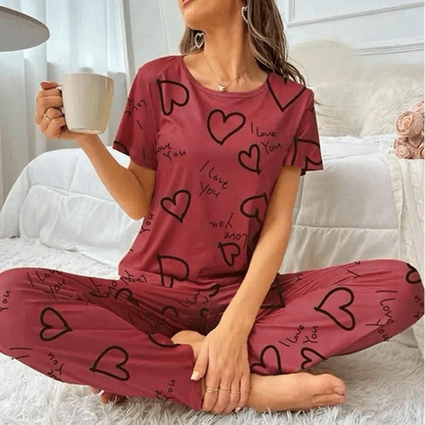 Heart Print Soft Pajama Set for Women, Comfy Summer PJs with Elastic Waist Pants, 2-Piece Sleepwear Set