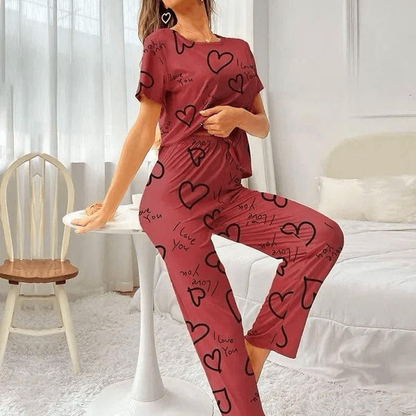 Heart Print Soft Pajama Set for Women, Comfy Summer PJs with Elastic Waist Pants, 2-Piece Sleepwear Set