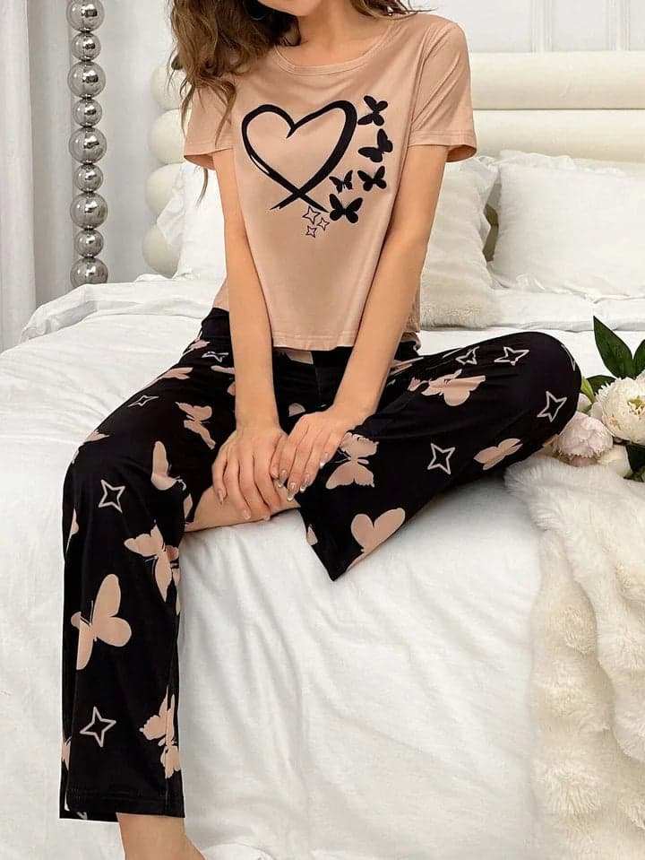 Heart and Butterfly Printed Night Suit