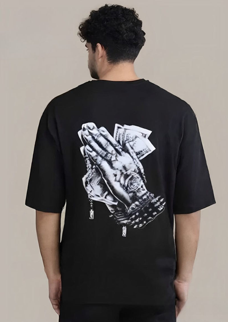 Men's Drop Shoulder Printed T-Shirt – Black with White Print