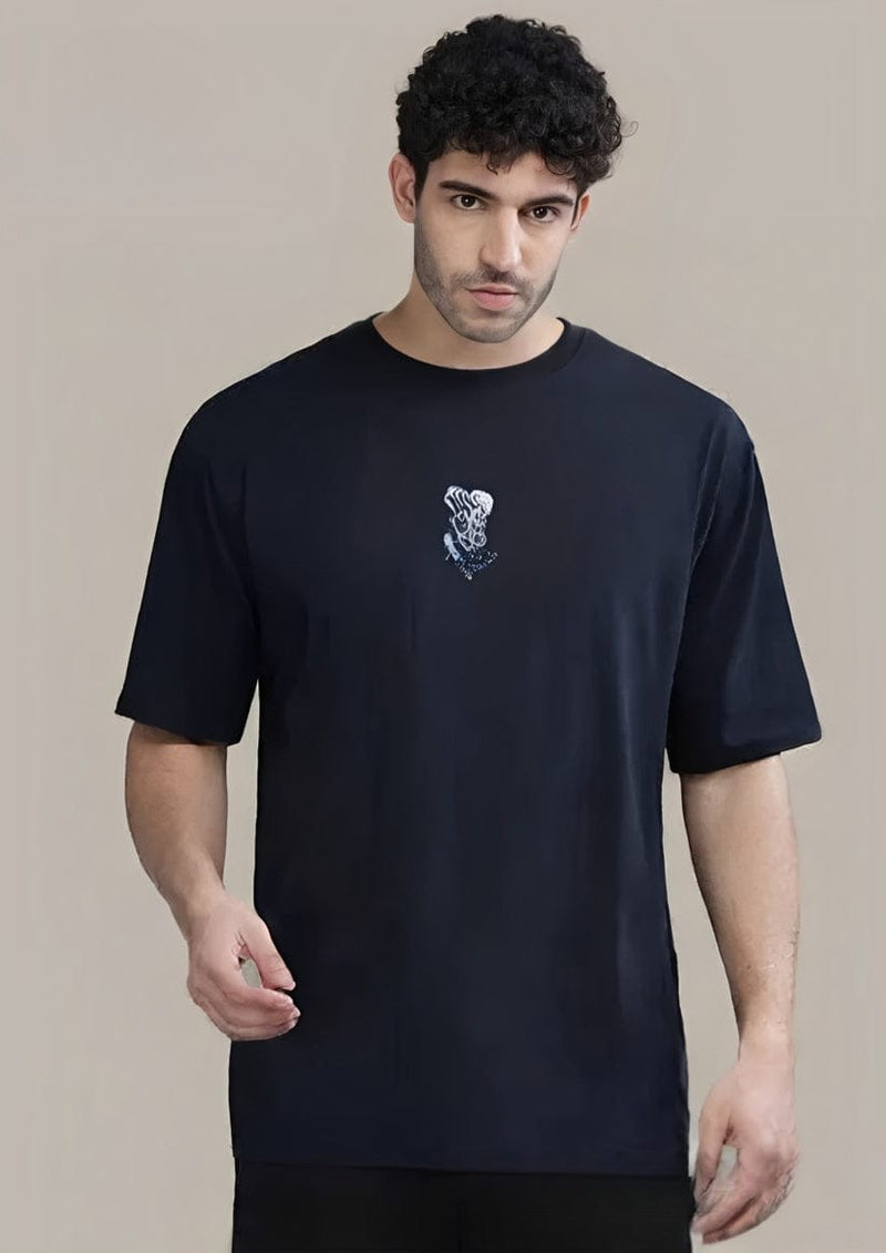 Men's Drop Shoulder Printed T-Shirt – Black with White Print